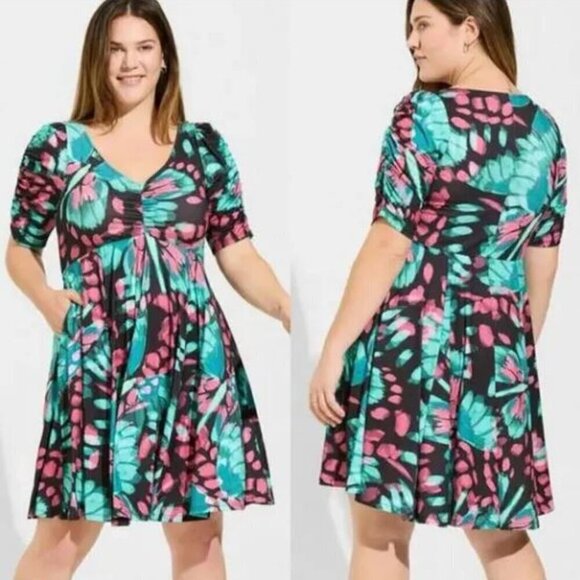 torrid Dresses & Skirts - Torrid Mini Studio Knit Cinch Front Skater Butterfly Print Teal/Pink Dress Sz 1X